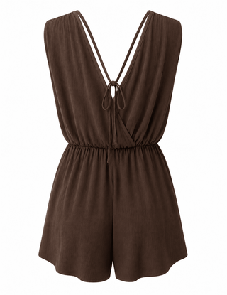 Woven Crinkle Draped Romper - Brown