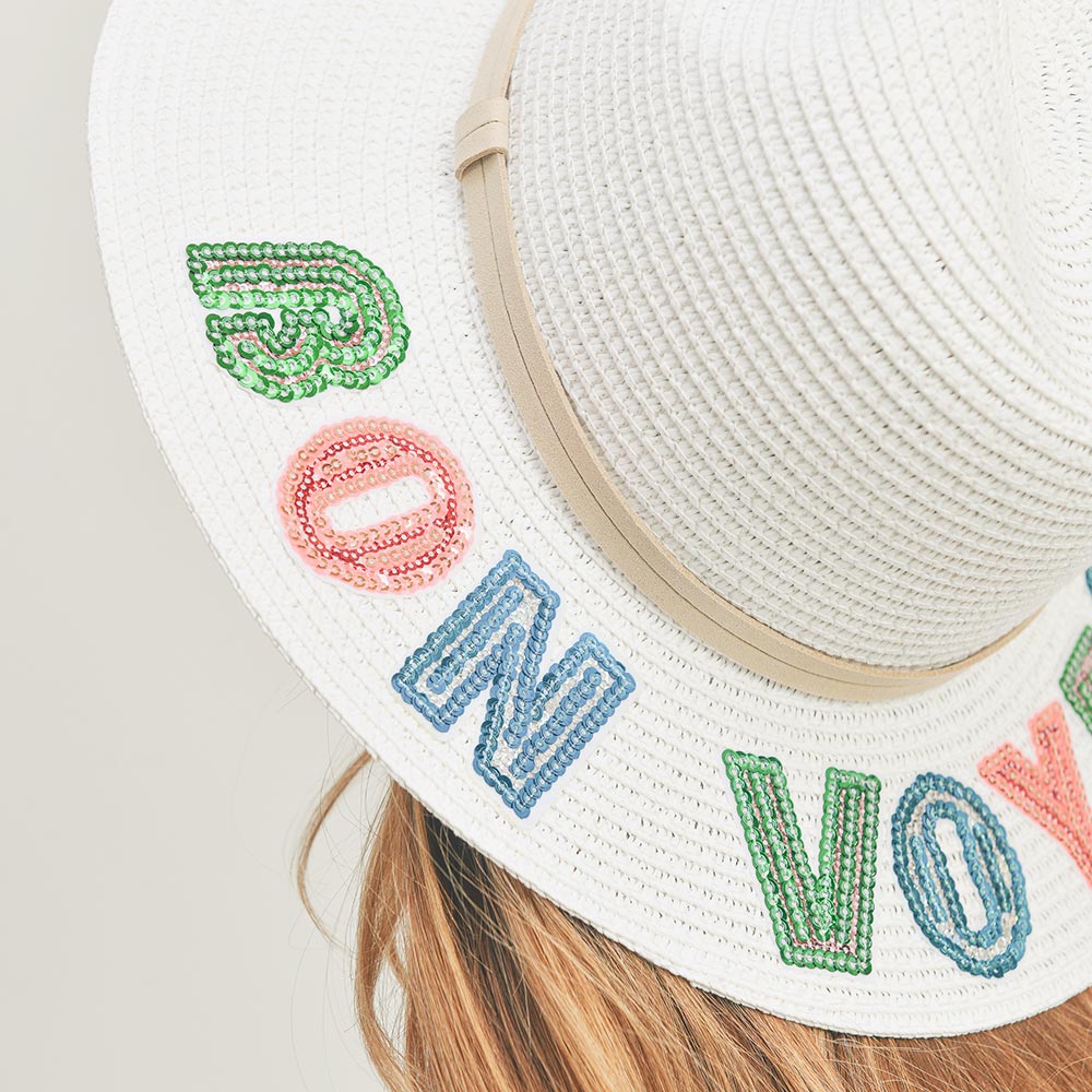 “Bon Voyage” Sequin Message Straw Panama Sun Hat-260 Other Accessories-Wona Trading-Coastal Bloom Boutique, find the trendiest versions of the popular styles and looks Located in Indialantic, FL