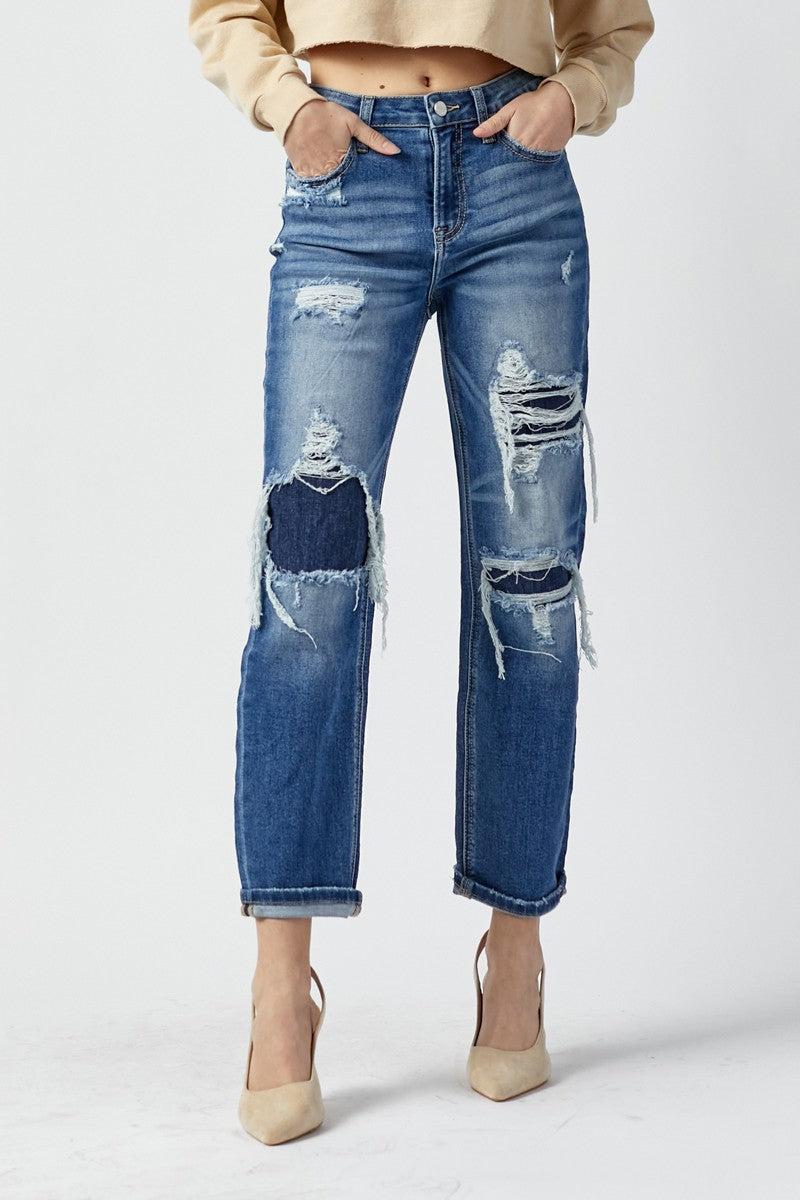 Dark High Rise Patched Jeans-190 Denim-Risen-Coastal Bloom Boutique, find the trendiest versions of the popular styles and looks Located in Indialantic, FL