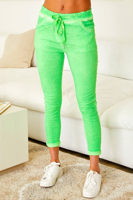 Italian Crinkle Moonlit Jogger - Neon Green-180 Joggers-Venti6-Coastal Bloom Boutique, find the trendiest versions of the popular styles and looks Located in Indialantic, FL