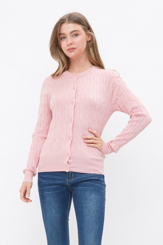 Cable Knit Crew Neck Cardigan- Dusty Pink-130 Long Sleeve Tops-CIELO-Coastal Bloom Boutique, find the trendiest versions of the popular styles and looks Located in Indialantic, FL