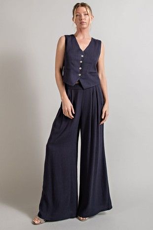Dreamy Pintuck Wide Pants - Navy-170 Bottoms-ee:some-Coastal Bloom Boutique, find the trendiest versions of the popular styles and looks Located in Indialantic, FL