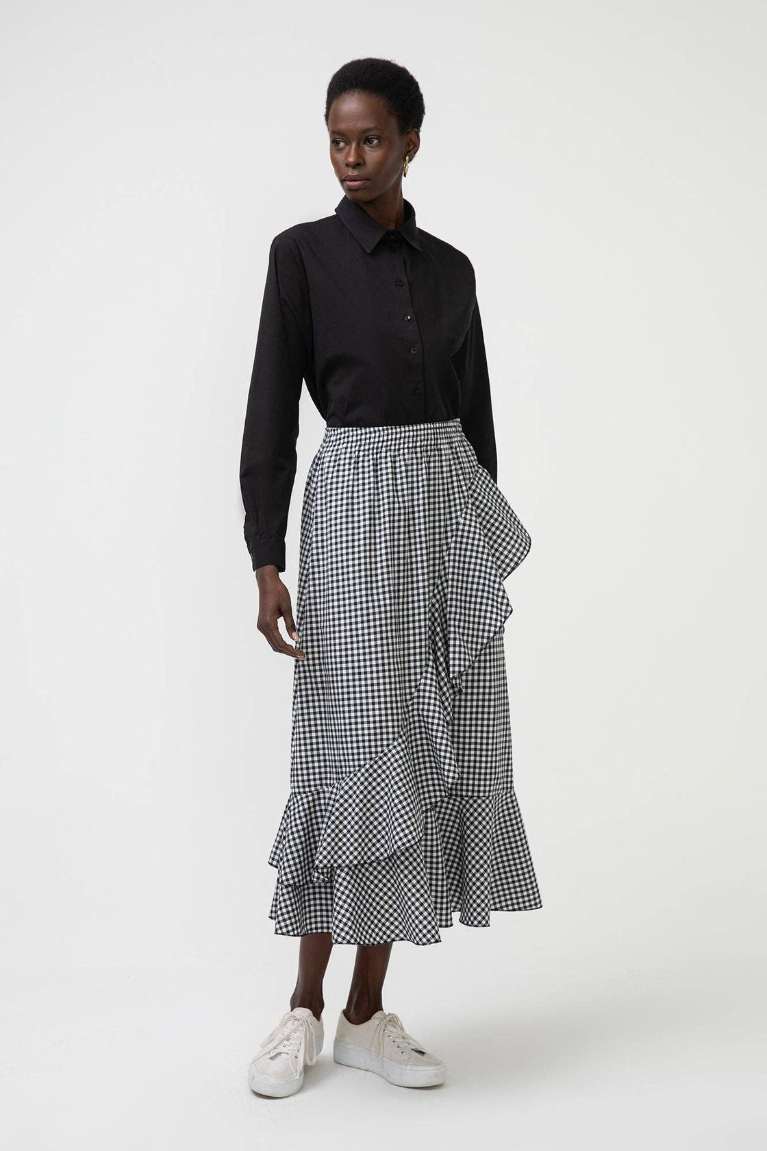 Gingham Ruffled Asymmetric Skirt-170 Bottoms-TOUCHE PRIVE-Coastal Bloom Boutique, find the trendiest versions of the popular styles and looks Located in Indialantic, FL