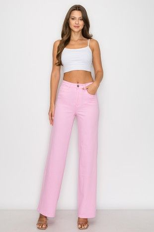 High Waisted Super-Stretch Wide Leg Jeans - Light Pink-190 Denim-DENIM ZONE-Coastal Bloom Boutique, find the trendiest versions of the popular styles and looks Located in Indialantic, FL