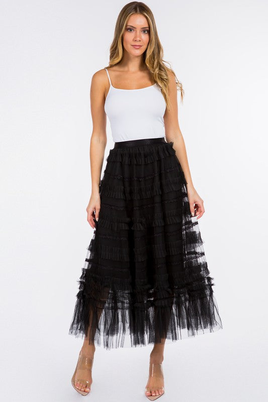 Ruffle Tiered Midi Skirt - Black-170 Bottoms-Taba Stitch-Coastal Bloom Boutique, find the trendiest versions of the popular styles and looks Located in Indialantic, FL