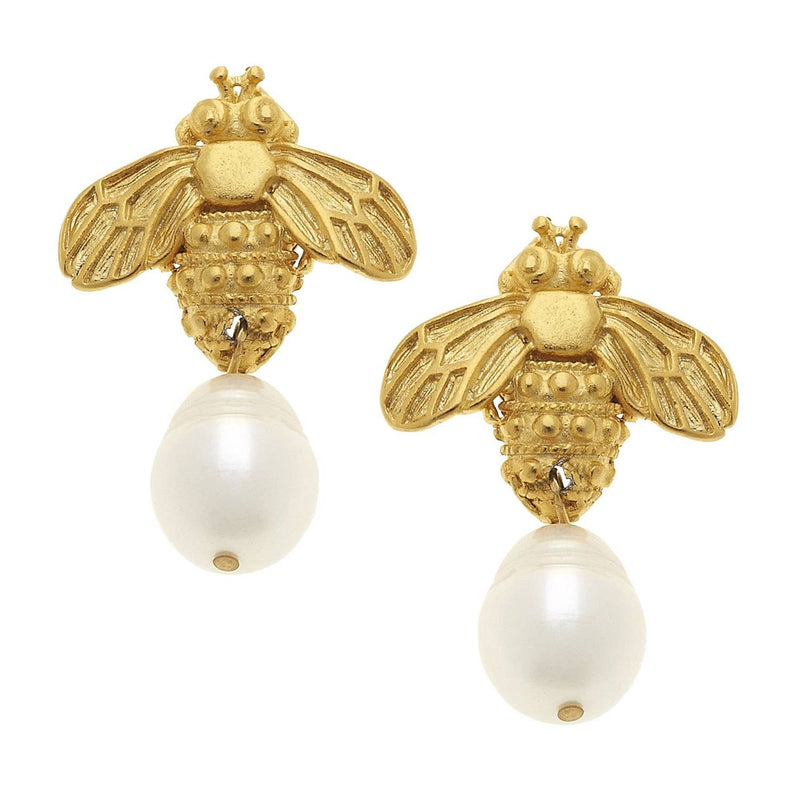 Gold Bee and Genuine Freshwater Pearl Earrings - Susan Shaw-230 Jewelry-SUSAN SHAW-Coastal Bloom Boutique, find the trendiest versions of the popular styles and looks Located in Indialantic, FL