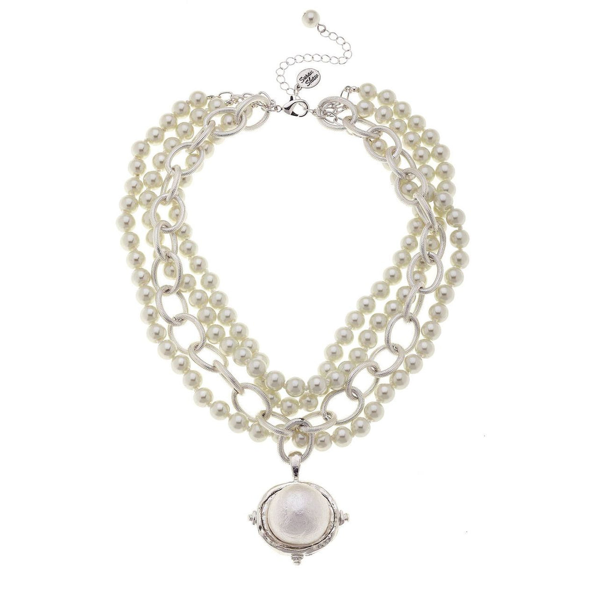 Silver Chain with 3-strand Glass Pearl and Cotton Pearl drop - Susan Shaw-230 Jewelry-SUSAN SHAW-Coastal Bloom Boutique, find the trendiest versions of the popular styles and looks Located in Indialantic, FL