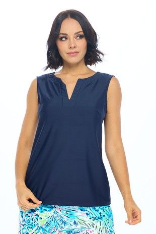 Split Neck Top - Navy-100 Sleeveless Tops-ARYEH-Coastal Bloom Boutique, find the trendiest versions of the popular styles and looks Located in Indialantic, FL