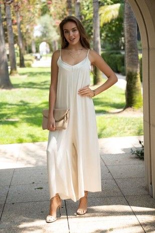 Italian V-Neck Jumpsuit - Beige-200 Dresses/Jumpsuits/Rompers-Venti6 Outlet-Coastal Bloom Boutique, find the trendiest versions of the popular styles and looks Located in Indialantic, FL
