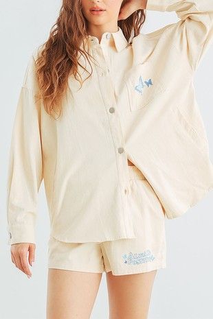 Relaxed Cotton Shacket and Short Set - Cream-130 Long Sleeve Tops-ROUSSEAU-Coastal Bloom Boutique, find the trendiest versions of the popular styles and looks Located in Indialantic, FL
