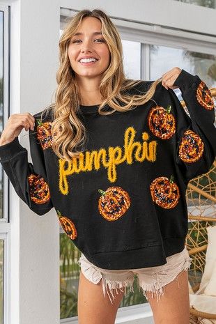 Pumpkin Sequin Sweatshirt - Black-130 Long Sleeve Tops-BIBI-Coastal Bloom Boutique, find the trendiest versions of the popular styles and looks Located in Indialantic, FL
