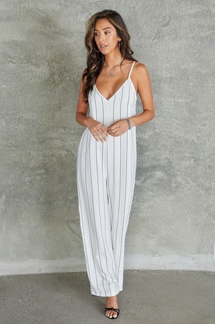 Pinstripe Italian Jumpsuit - White/Black-200 dresses/jumpsuits/rompers-Venti6 Outlet-Coastal Bloom Boutique, find the trendiest versions of the popular styles and looks Located in Indialantic, FL