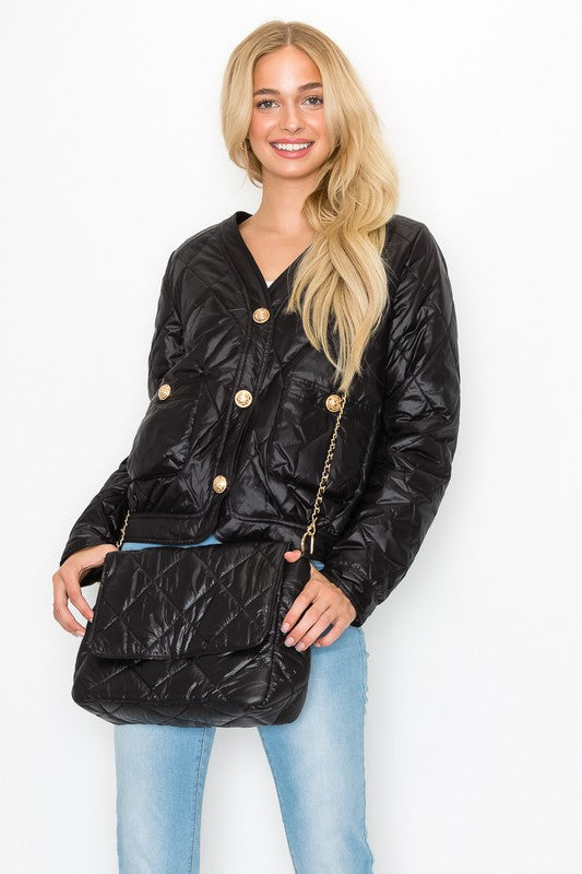 Puffer Jacket & Matching Bag - Black-160 Jackets-JOH APPAREL-Coastal Bloom Boutique, find the trendiest versions of the popular styles and looks Located in Indialantic, FL