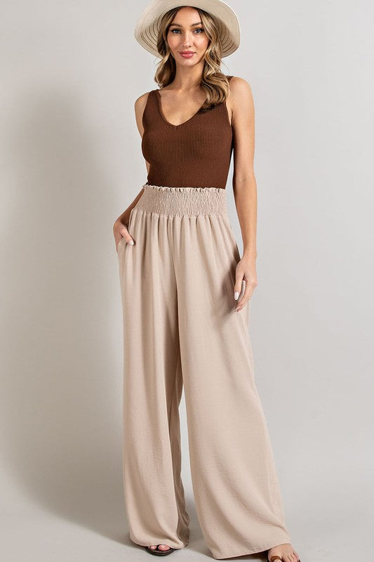 Smocked Wide Leg Pants - Taupe-170 Bottoms-ee:some-Coastal Bloom Boutique, find the trendiest versions of the popular styles and looks Located in Indialantic, FL