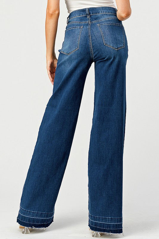 High Waisted Stretchy Wide Leg Jeans - Indigo-190 Denim-DENIM ZONE-Coastal Bloom Boutique, find the trendiest versions of the popular styles and looks Located in Indialantic, FL