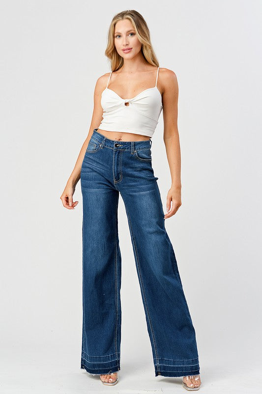 High Waisted Stretchy Wide Leg Jeans - Indigo-190 Denim-DENIM ZONE-Coastal Bloom Boutique, find the trendiest versions of the popular styles and looks Located in Indialantic, FL