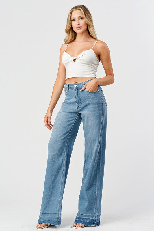 High Waisted Stretchy Wide Leg Jeans - Blue-190 Denim-DENIM ZONE-Coastal Bloom Boutique, find the trendiest versions of the popular styles and looks Located in Indialantic, FL