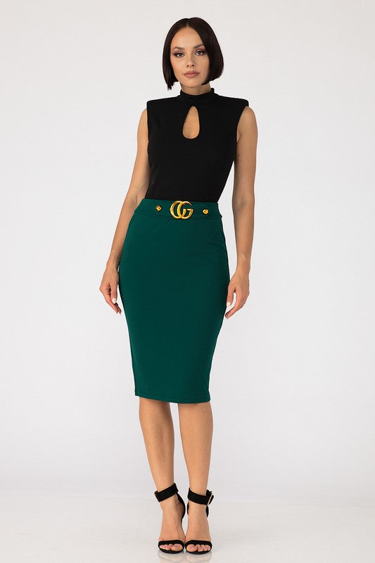 High Waisted Bombshell Buckle Skirt - Hunter Green-170 Bottoms-Valentine-Coastal Bloom Boutique, find the trendiest versions of the popular styles and looks Located in Indialantic, FL