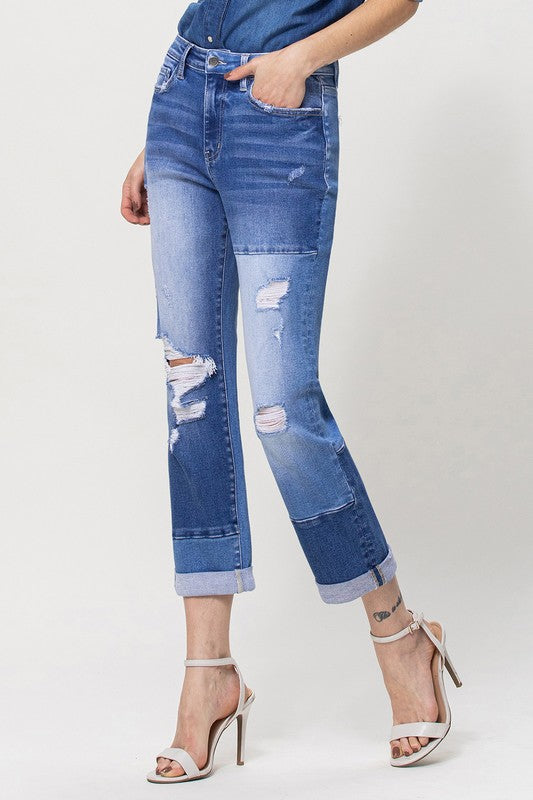 Patchwork Distressed Boyfriend Stretch Jeans-190 Denim-Flying Monkey-Coastal Bloom Boutique, find the trendiest versions of the popular styles and looks Located in Indialantic, FL