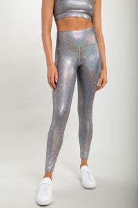 Holographic Glitter High-Waisted Leggings - Silver-170 Bottoms-Mono B-Coastal Bloom Boutique, find the trendiest versions of the popular styles and looks Located in Indialantic, FL