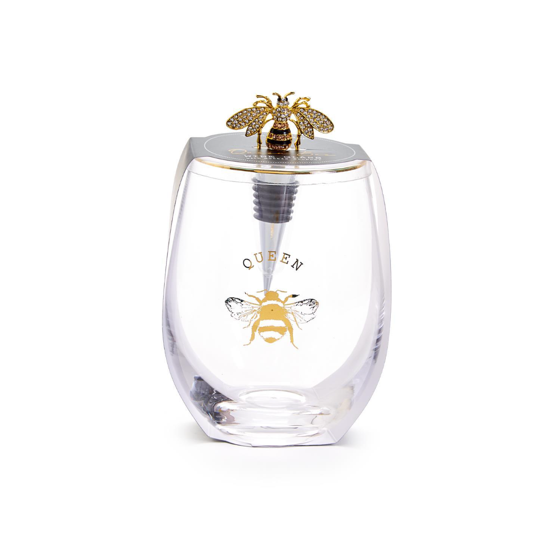Queen Bee Stemless Wine Glass & Wine Stopper-270 Home/Gift-Two's Company-Coastal Bloom Boutique, find the trendiest versions of the popular styles and looks Located in Indialantic, FL