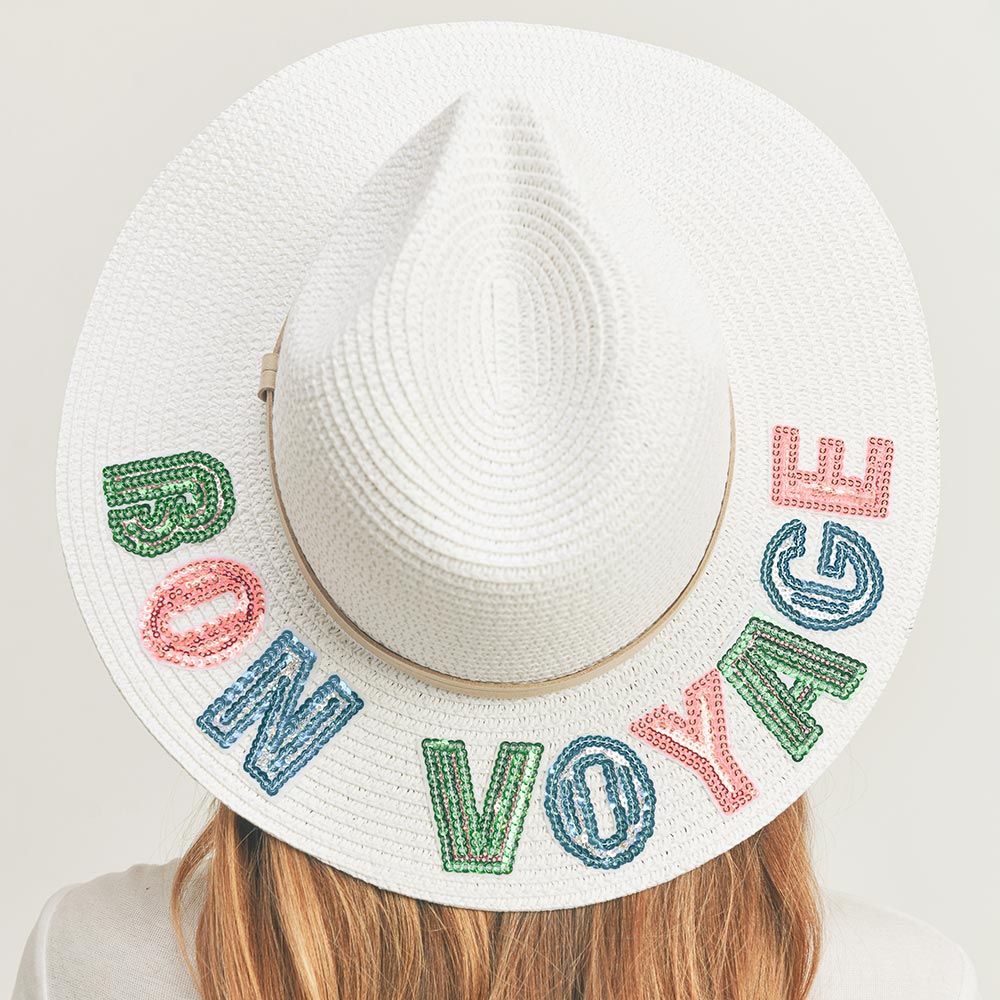 “Bon Voyage” Sequin Message Straw Panama Sun Hat-260 Other Accessories-Wona Trading-Coastal Bloom Boutique, find the trendiest versions of the popular styles and looks Located in Indialantic, FL