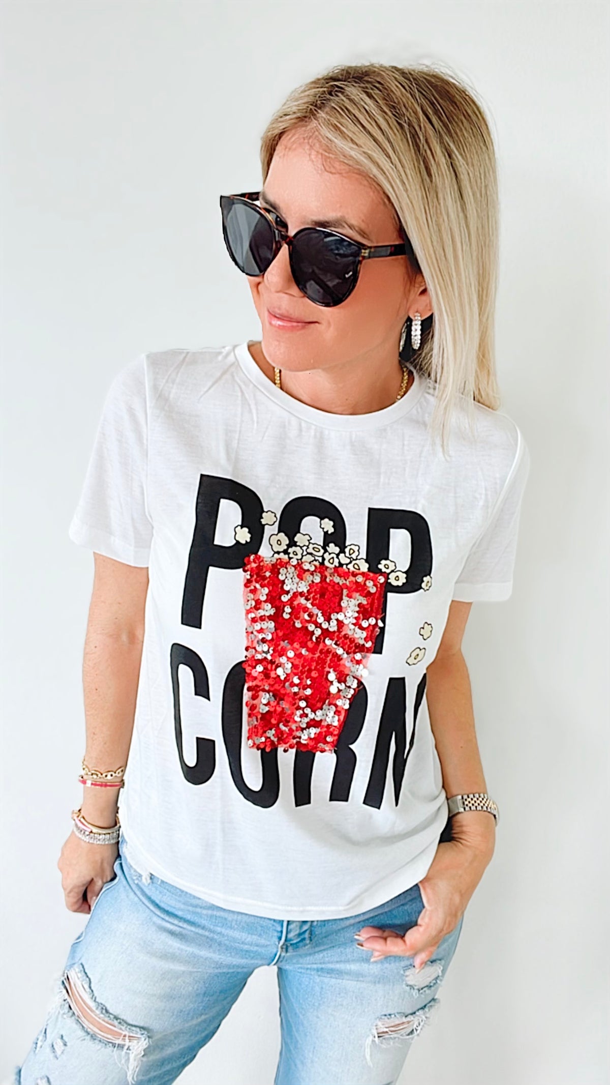 Sequin Popcorn Tee - White-120 Graphic-Darling-Coastal Bloom Boutique, find the trendiest versions of the popular styles and looks Located in Indialantic, FL