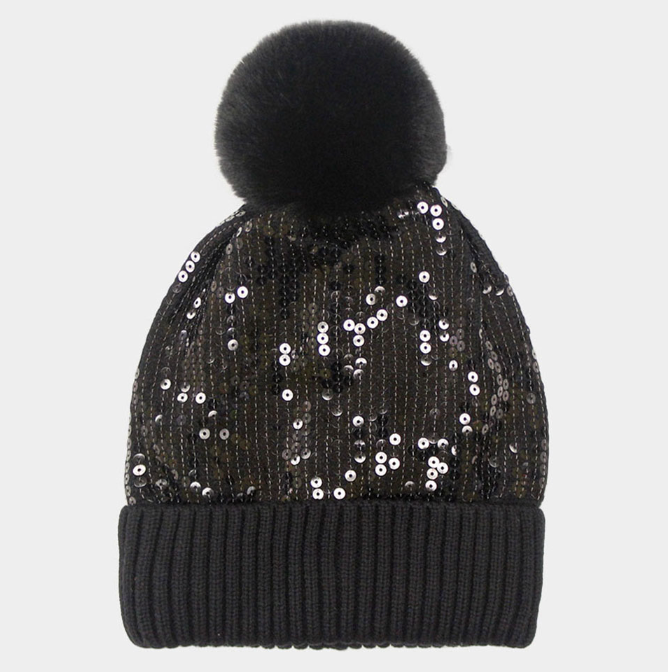 Sequin Pom Pom Beanie - Black-260 Other Accessories-NYW-Coastal Bloom Boutique, find the trendiest versions of the popular styles and looks Located in Indialantic, FL