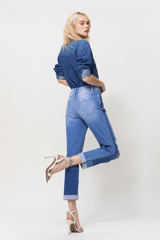 Patchwork Distressed Boyfriend Stretch Jeans-190 Denim-Flying Monkey-Coastal Bloom Boutique, find the trendiest versions of the popular styles and looks Located in Indialantic, FL
