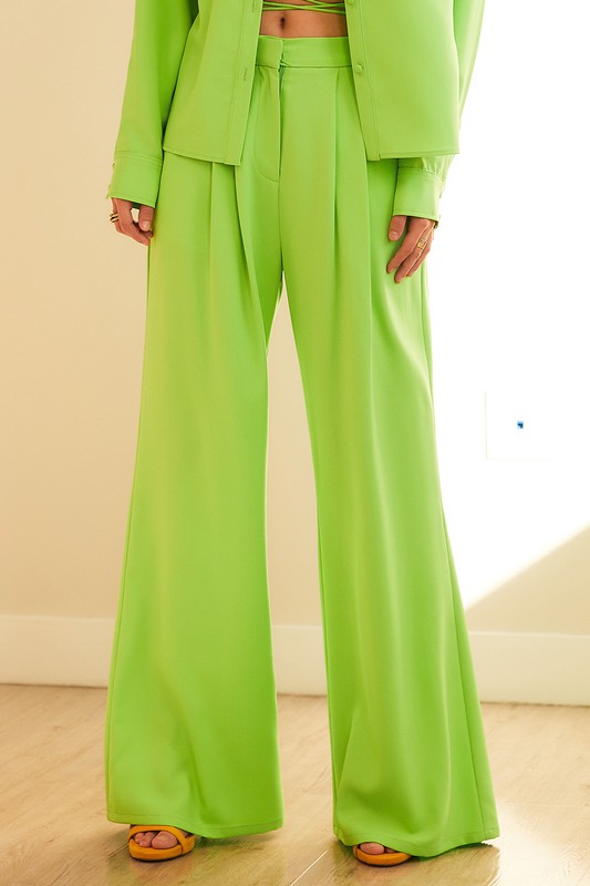 Pleated Wide Leg Pants - Neon Green-170 Bottoms-Main Strip-Coastal Bloom Boutique, find the trendiest versions of the popular styles and looks Located in Indialantic, FL
