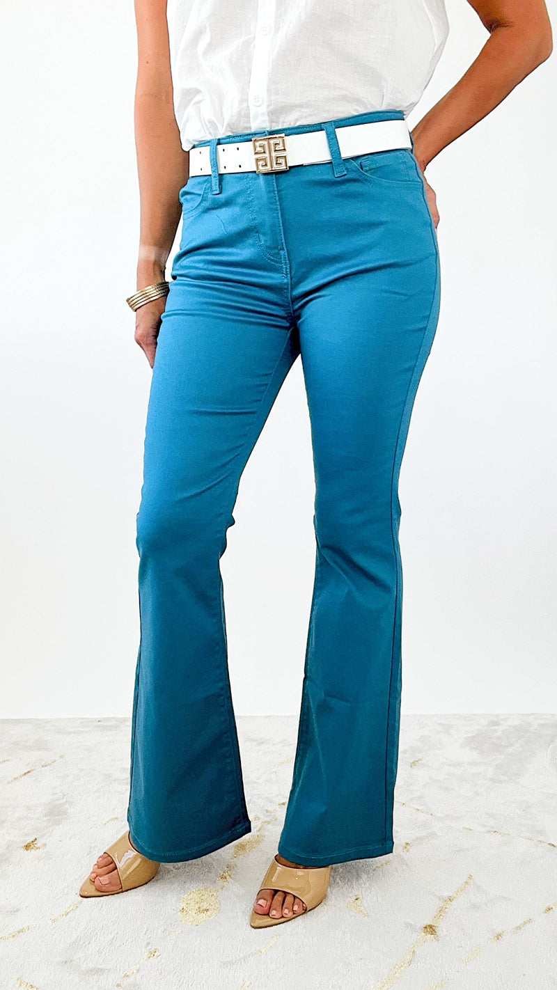 High-Rise Bootcut Denim Pants - Dusty Teal-170 Bottoms-Zenana-Coastal Bloom Boutique, find the trendiest versions of the popular styles and looks Located in Indialantic, FL