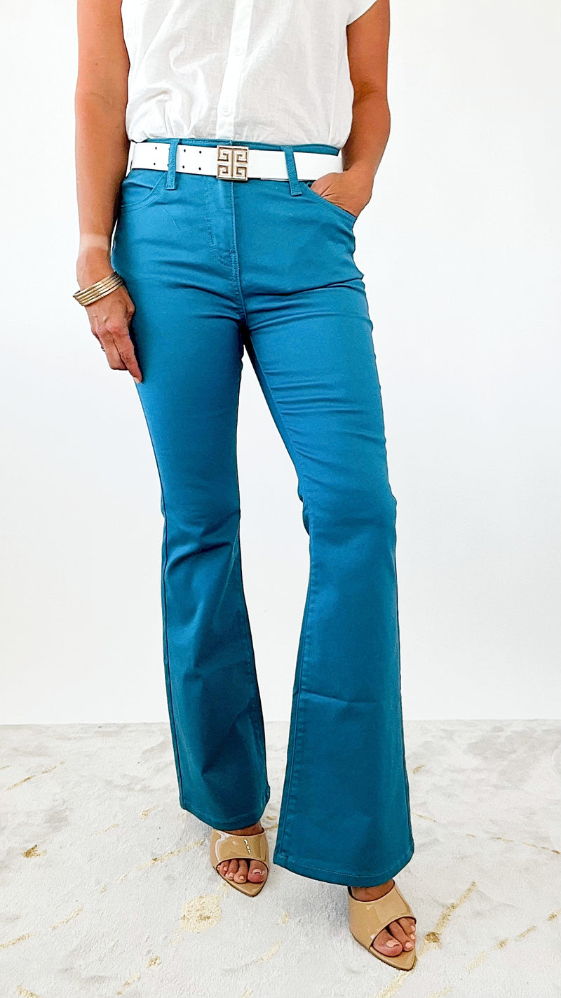 High-Rise Bootcut Denim Pants - Dusty Teal-170 Bottoms-Zenana-Coastal Bloom Boutique, find the trendiest versions of the popular styles and looks Located in Indialantic, FL
