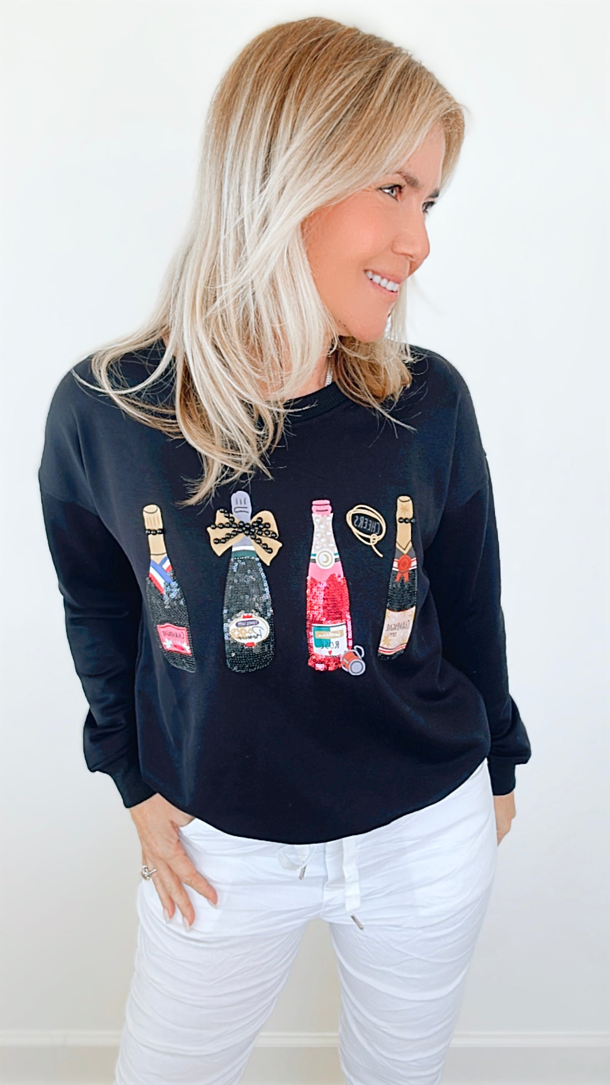 Champagne Obsessed Sweatshirt - Black-130 Long Sleeve Tops-Why Dress-Coastal Bloom Boutique, find the trendiest versions of the popular styles and looks Located in Indialantic, FL