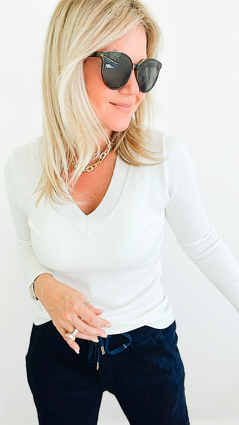 Melissa V Neck Sweater - Ivory-130 Long Sleeve Tops-Cielo-Coastal Bloom Boutique, find the trendiest versions of the popular styles and looks Located in Indialantic, FL