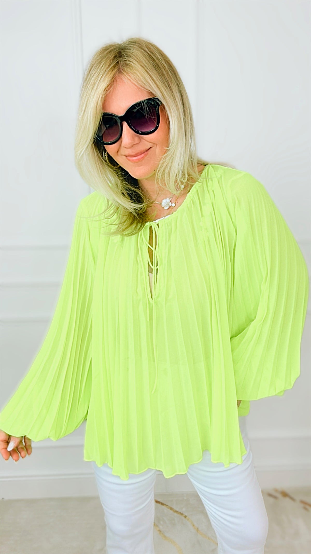 Miami Moment Balloon Front Tie Top - Neon Yellow-130 Long Sleeve Tops-SIGNATURE 8-Coastal Bloom Boutique, find the trendiest versions of the popular styles and looks Located in Indialantic, FL