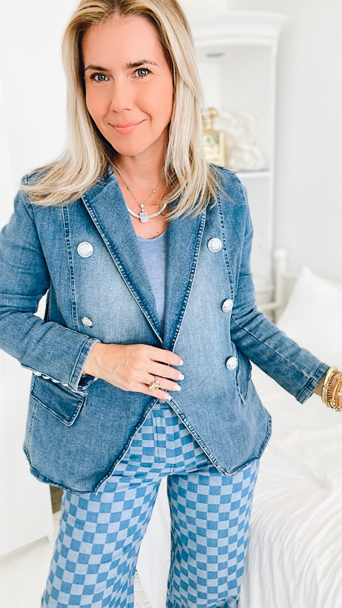Double Breasted Military Denim Blazer-160 Jackets-Tempo-Coastal Bloom Boutique, find the trendiest versions of the popular styles and looks Located in Indialantic, FL