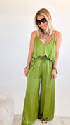 Silky Fringe Italian Palazzo Pants - Apple Green-170 Bottoms-Tempo-Coastal Bloom Boutique, find the trendiest versions of the popular styles and looks Located in Indialantic, FL