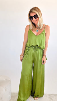 Silky Fringe Italian Palazzo Pants - Apple Green-170 Bottoms-Tempo-Coastal Bloom Boutique, find the trendiest versions of the popular styles and looks Located in Indialantic, FL