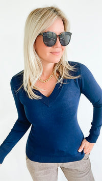 Melissa V Neck Sweater - Navy-130 Long Sleeve Tops-Cielo-Coastal Bloom Boutique, find the trendiest versions of the popular styles and looks Located in Indialantic, FL