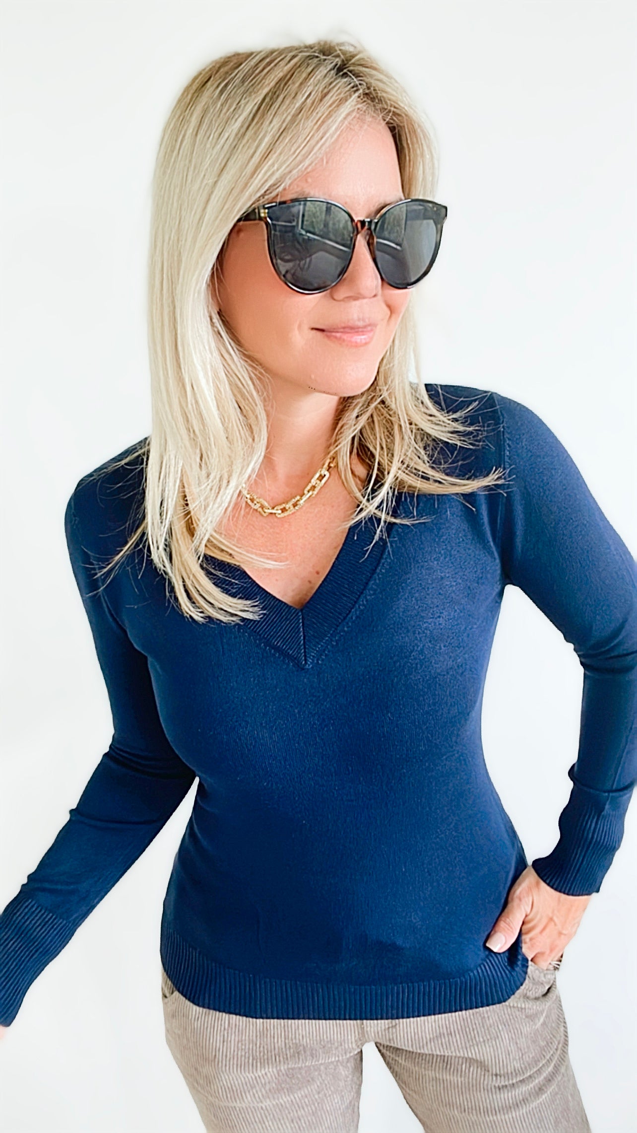 Melissa V Neck Sweater - Navy-130 Long Sleeve Tops-Cielo-Coastal Bloom Boutique, find the trendiest versions of the popular styles and looks Located in Indialantic, FL