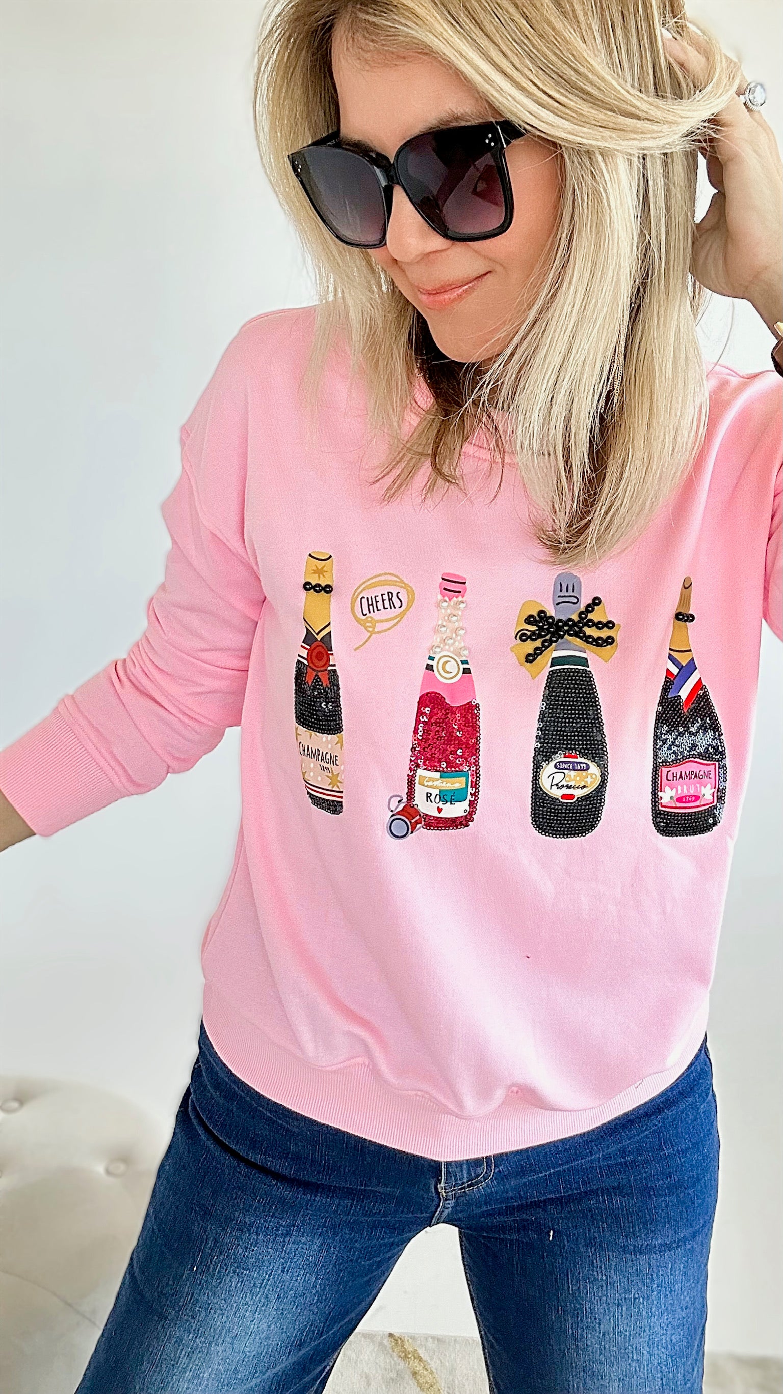 Champagne Obsessed Sweatshirt - Pink-130 Long Sleeve Tops-Why Dress-Coastal Bloom Boutique, find the trendiest versions of the popular styles and looks Located in Indialantic, FL