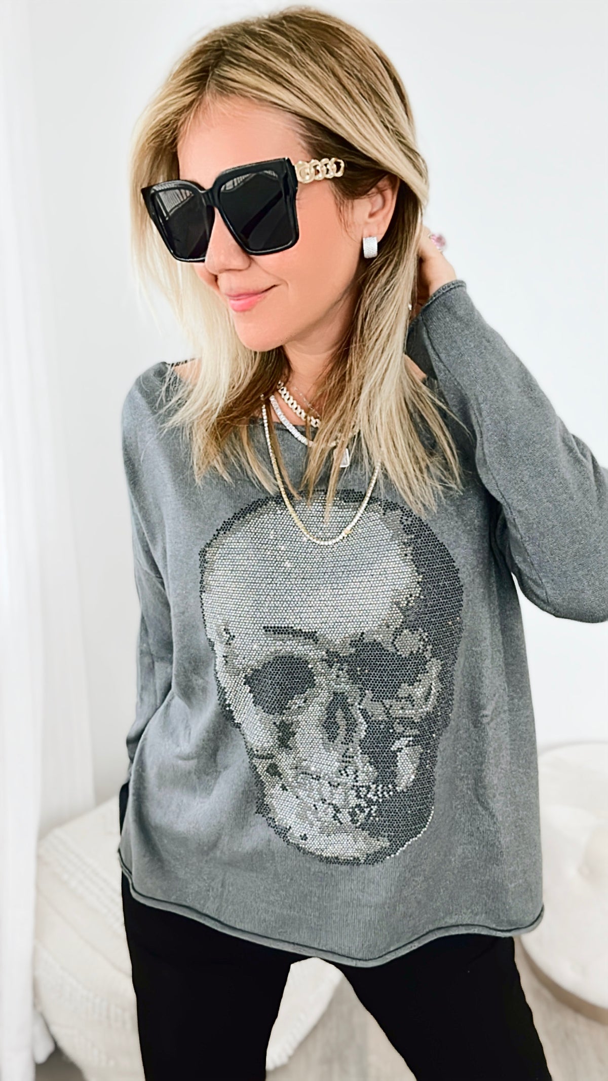 Italian Boatneck Skull Sweater Top - Charcoal Grey-140 Sweaters-Venti6-Coastal Bloom Boutique, find the trendiest versions of the popular styles and looks Located in Indialantic, FL