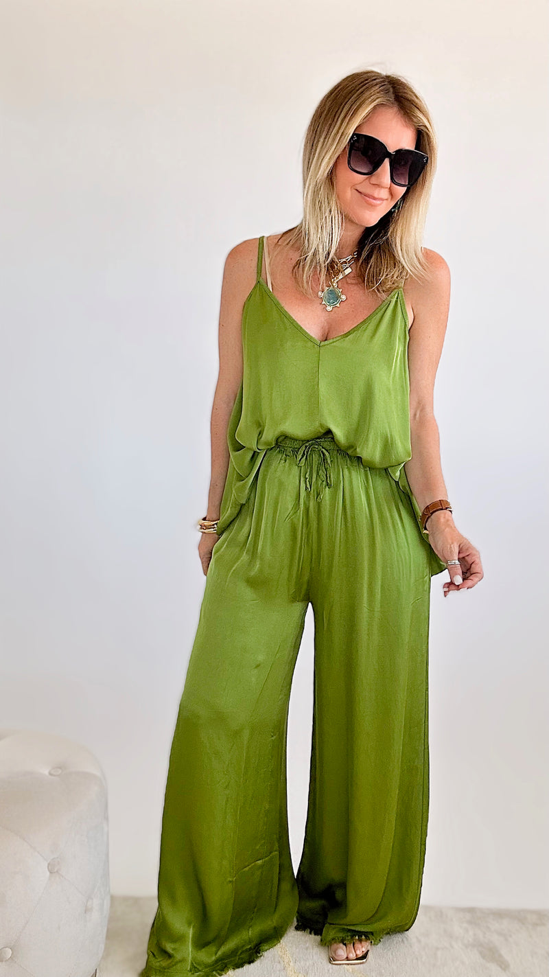 Silky Fringe Italian Palazzo Pants - Apple Green-170 Bottoms-Tempo-Coastal Bloom Boutique, find the trendiest versions of the popular styles and looks Located in Indialantic, FL