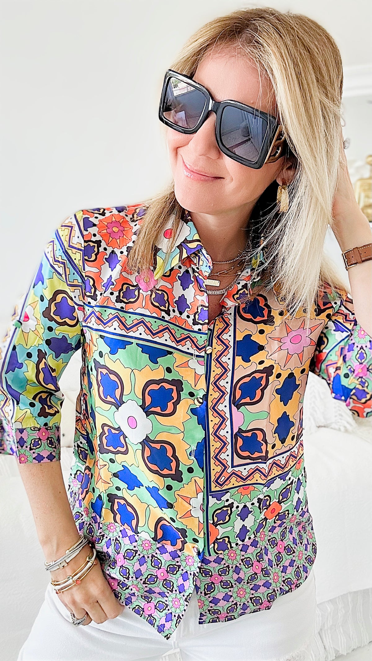 Forever Groovy Button Down Shirt-130 Long Sleeve Tops-pastel design-Coastal Bloom Boutique, find the trendiest versions of the popular styles and looks Located in Indialantic, FL