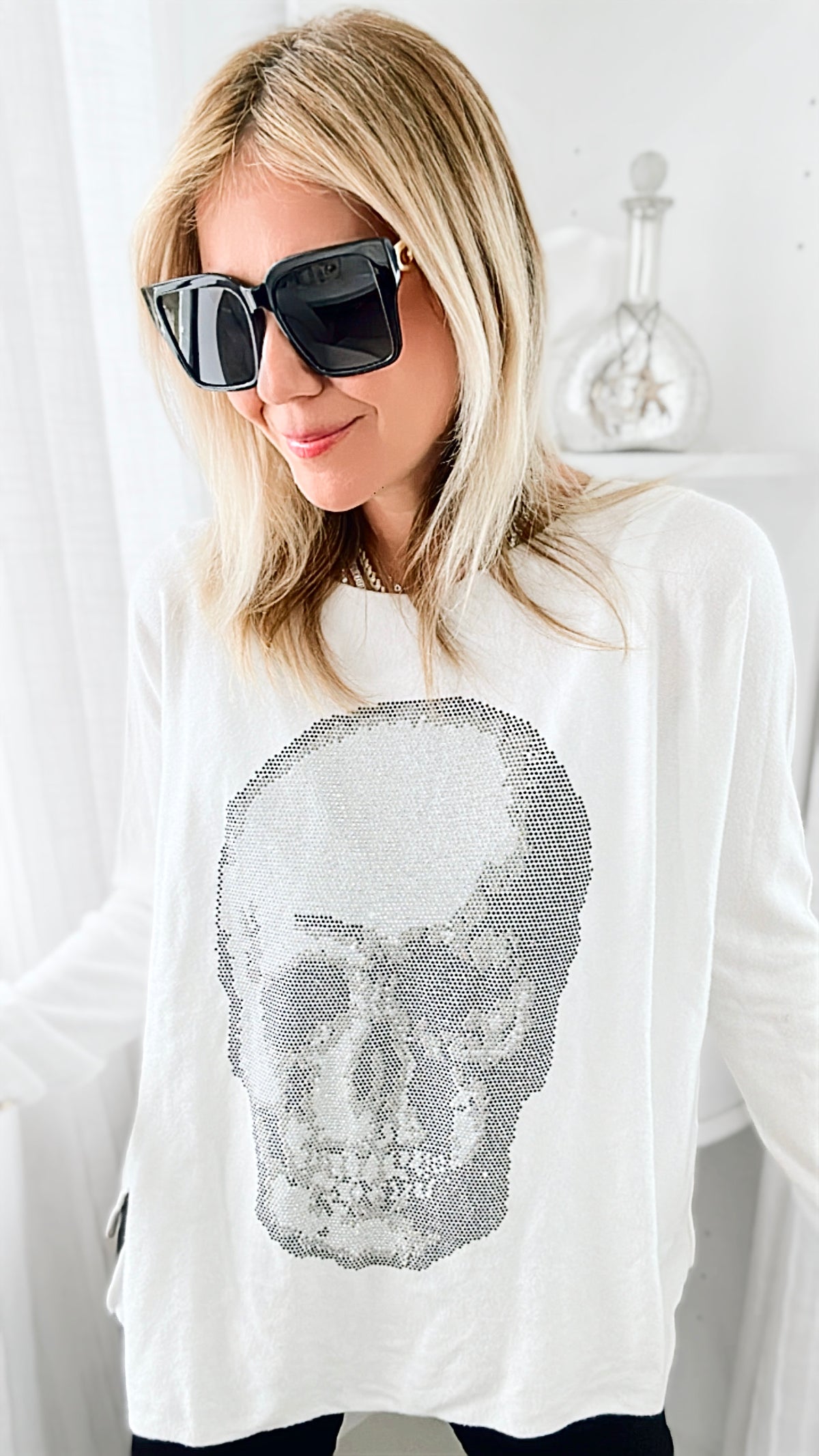 Italian Boatneck Skull Sweater Top - White-140 Sweaters-Venti6-Coastal Bloom Boutique, find the trendiest versions of the popular styles and looks Located in Indialantic, FL