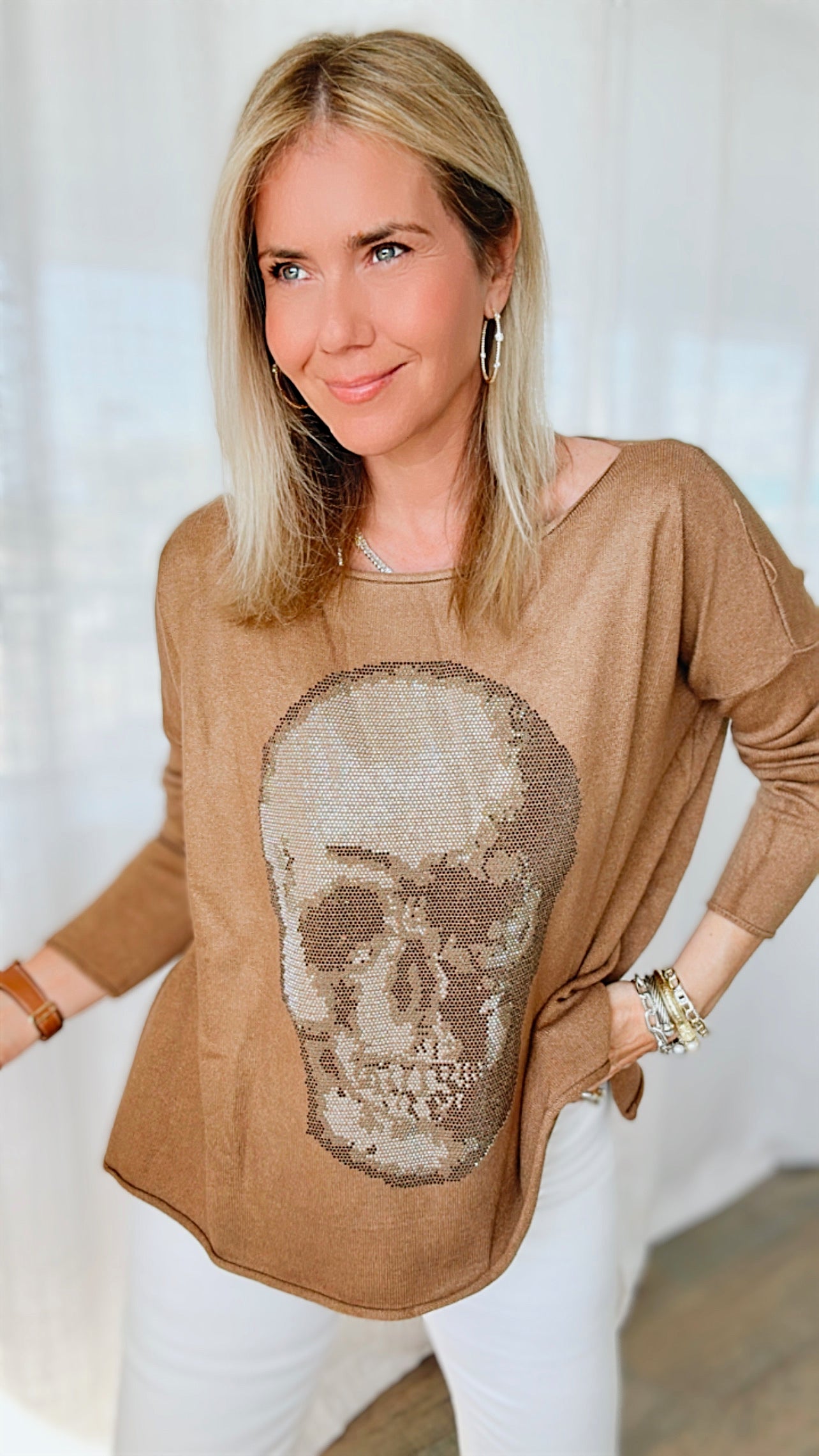 Italian Boatneck Skull Sweater Top - Camel-140 Sweaters-Venti6-Coastal Bloom Boutique, find the trendiest versions of the popular styles and looks Located in Indialantic, FL