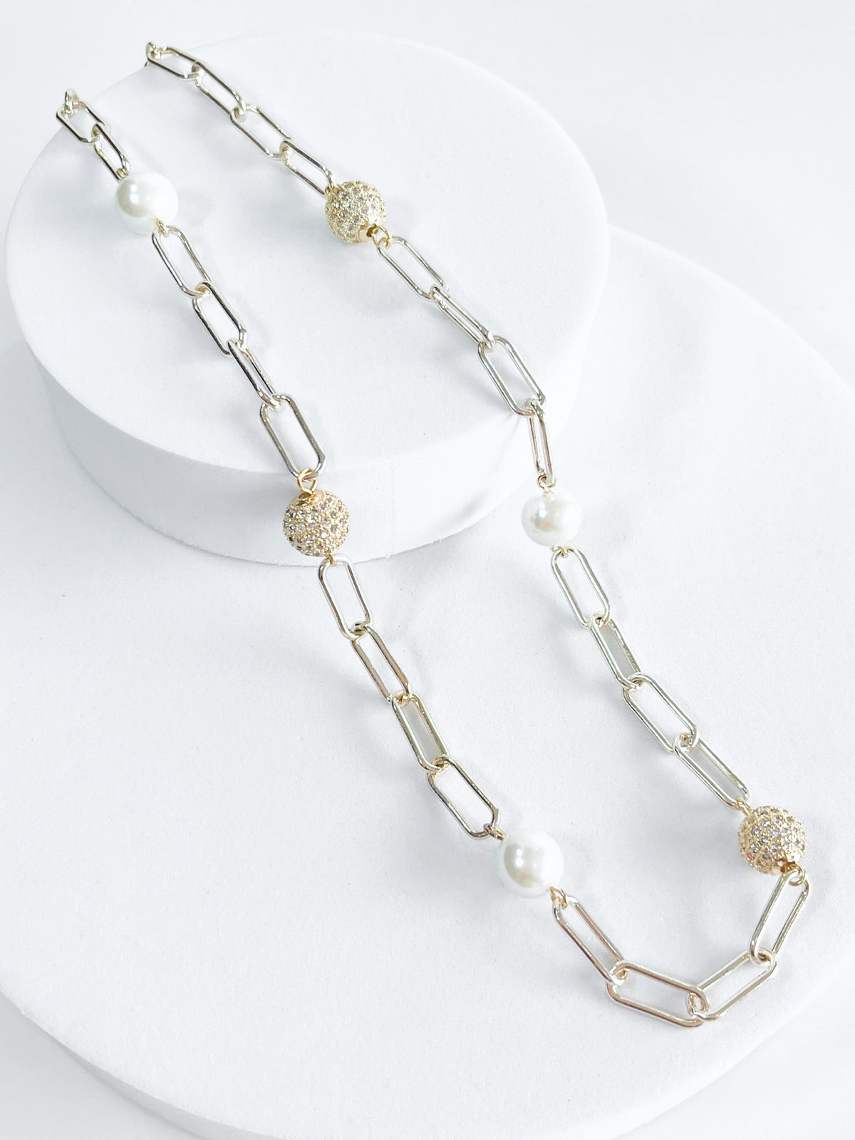 Paper Clip Pearl & CZ Ball Necklace-230 Jewelry-NYC-Coastal Bloom Boutique, find the trendiest versions of the popular styles and looks Located in Indialantic, FL