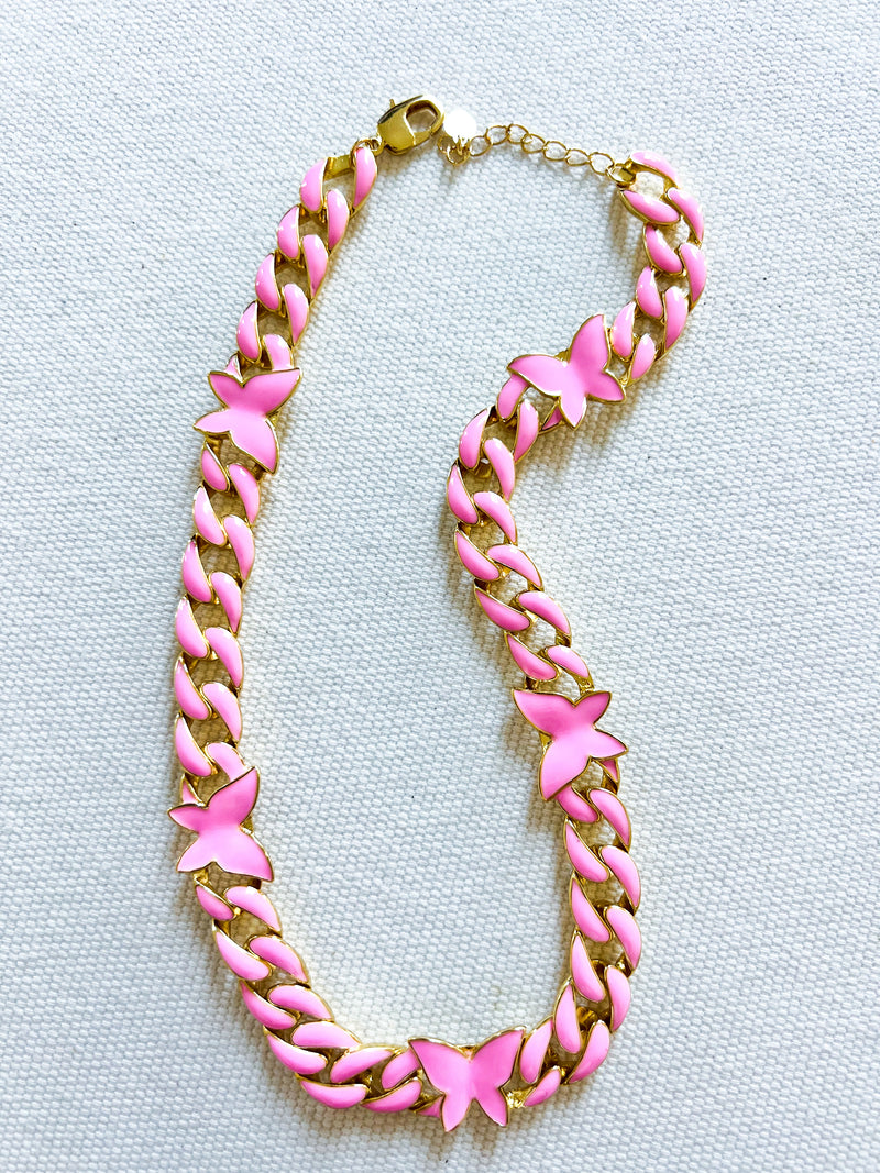 Pink Butterfly Enamel Cuban Necklace-230 Jewelry-NYC-Coastal Bloom Boutique, find the trendiest versions of the popular styles and looks Located in Indialantic, FL