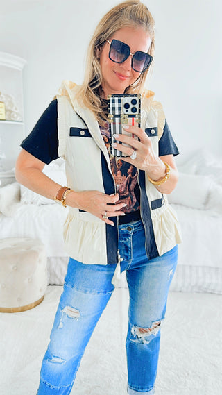 Zip Up hooded Ruffle Edge Vest - Beige-160 Jackets-JOH APPAREL-Coastal Bloom Boutique, find the trendiest versions of the popular styles and looks Located in Indialantic, FL