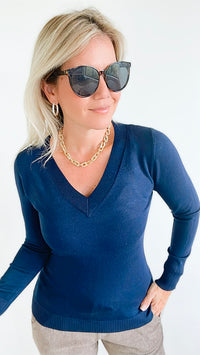 Melissa V Neck Sweater - Navy-130 Long Sleeve Tops-Cielo-Coastal Bloom Boutique, find the trendiest versions of the popular styles and looks Located in Indialantic, FL